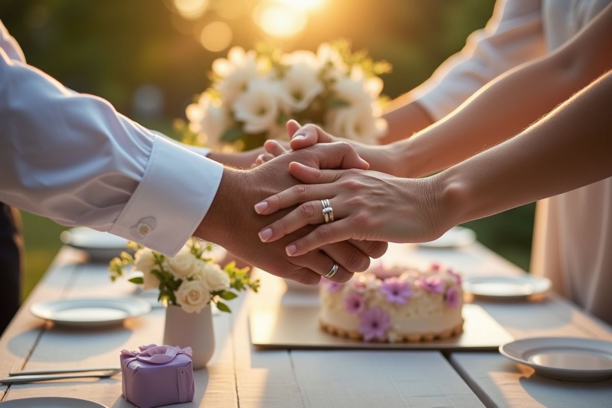 Mains entrelacees d un couple age portant alliances et bouquet