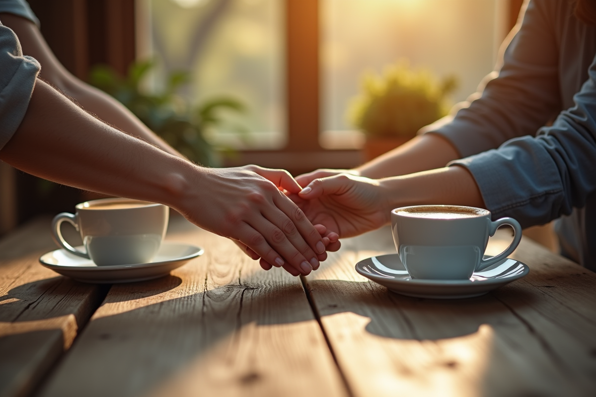 Mains qui se touchent sur une table en bois avec tasses de cafe