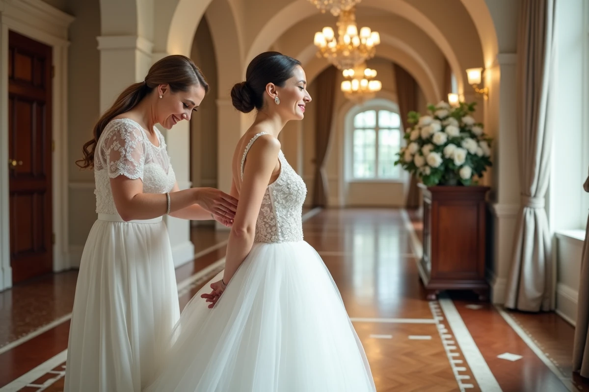 Femme aidant &agrave; ajuster la robe de mari&eacute;e dans la salle de r&eacute;ception