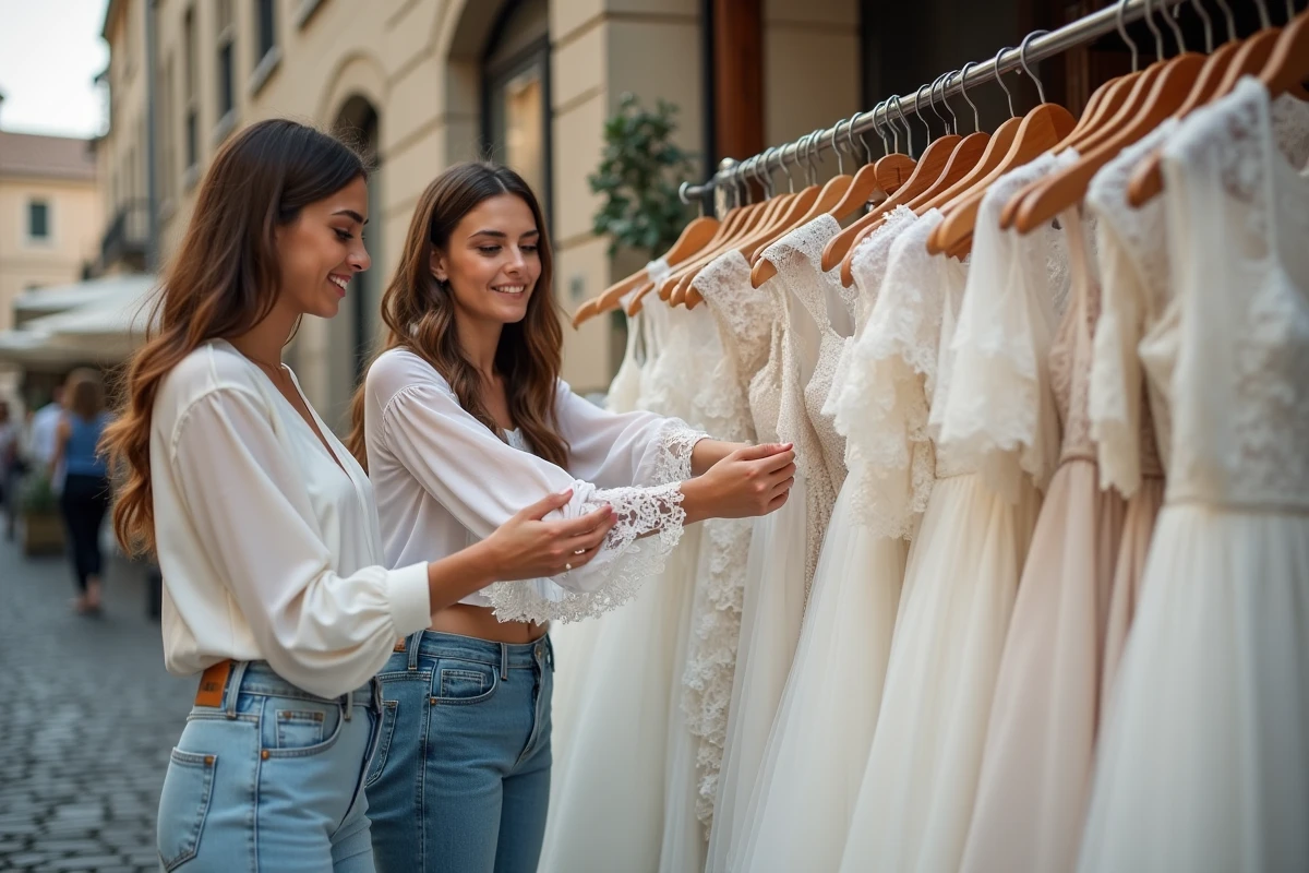 Deux femmes cherchant des robes de mariée à manches sur un marché vintage en plein air