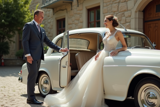 Mariée souriante sortant d'une voiture ancienne lors d'un mariage
