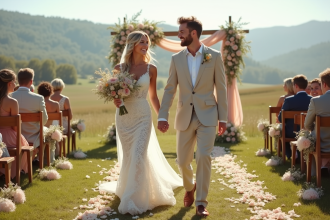 Jeune couple de mariés dans un champ en plein air