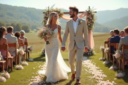 Jeune couple de mariés dans un champ en plein air