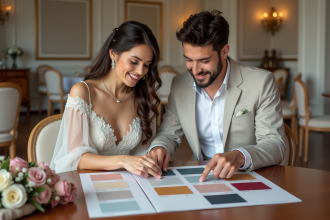 Jeune couple de mariés choisissant des couleurs pour leur mariage