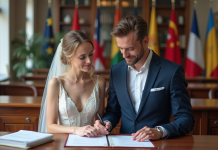 Jeune couple marié vérifiant des documents officiels à la mairie