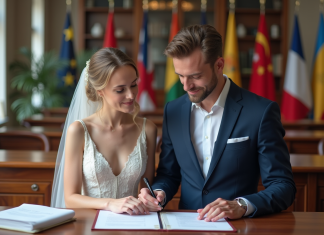 Jeune couple marié vérifiant des documents officiels à la mairie