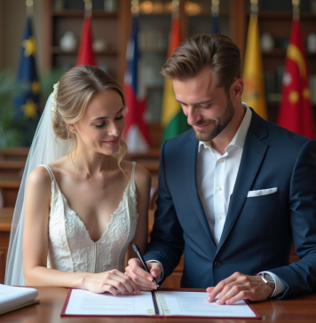 Jeune couple marié vérifiant des documents officiels à la mairie