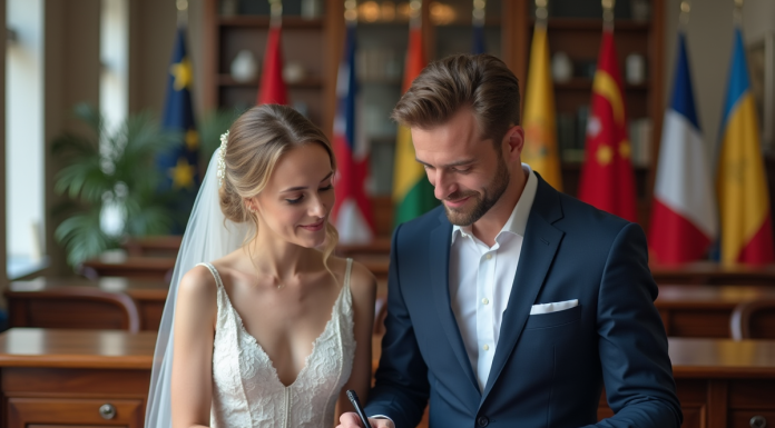 Jeune couple marié vérifiant des documents officiels à la mairie