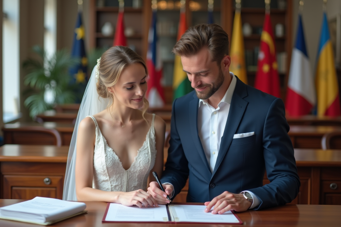 Jeune couple marié vérifiant des documents officiels à la mairie