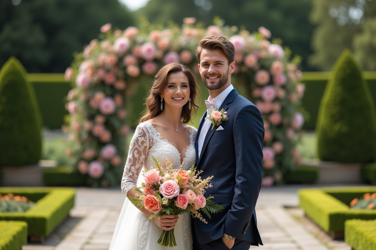 Jeune couple de mariés dans un jardin romantique