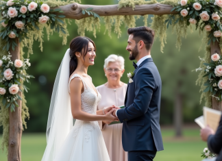 Couple de mariés souriants lors de la cérémonie en extérieur