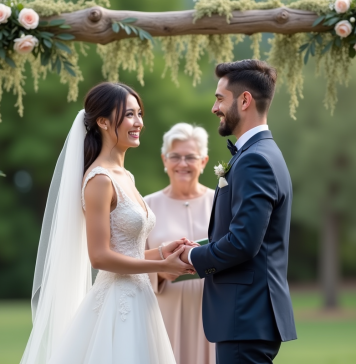 Couple de mariés souriants lors de la cérémonie en extérieur