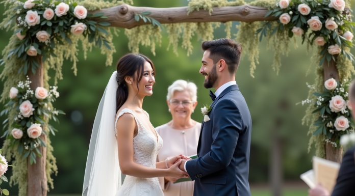 Meilleure façon de se marier : conseils et astuces pour un mariage réussi Couple de mariés souriants lors de la cérémonie en extérieur