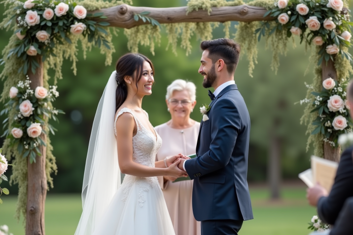 mariage-couple-joyeux-ceremonie Couple de mariés souriants lors de la cérémonie en extérieur