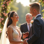 Couple heureux échangeant leurs vœux de mariage en extérieur
