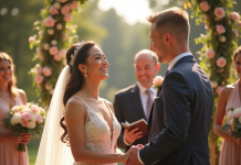 Couple heureux échangeant leurs vœux de mariage en extérieur