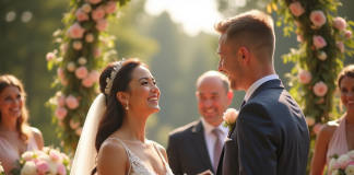 Couple heureux échangeant leurs vœux de mariage en extérieur