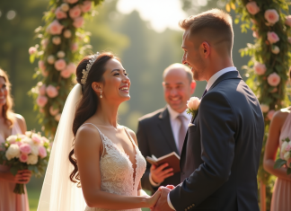 Couple heureux échangeant leurs vœux de mariage en extérieur