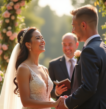 Couple heureux échangeant leurs vœux de mariage en extérieur