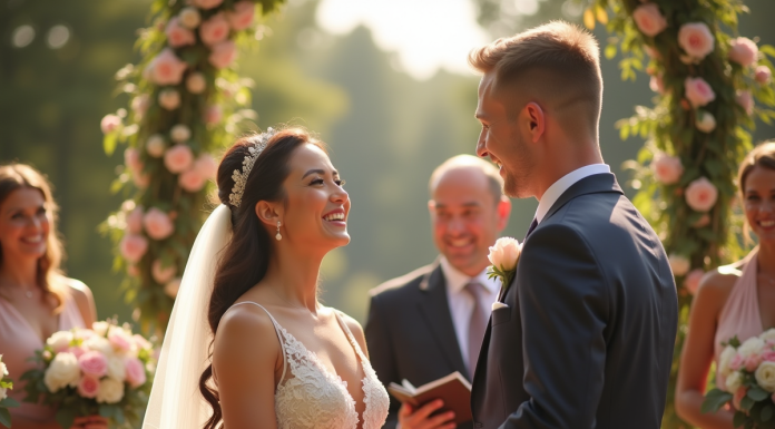 Couple heureux échangeant leurs vœux de mariage en extérieur