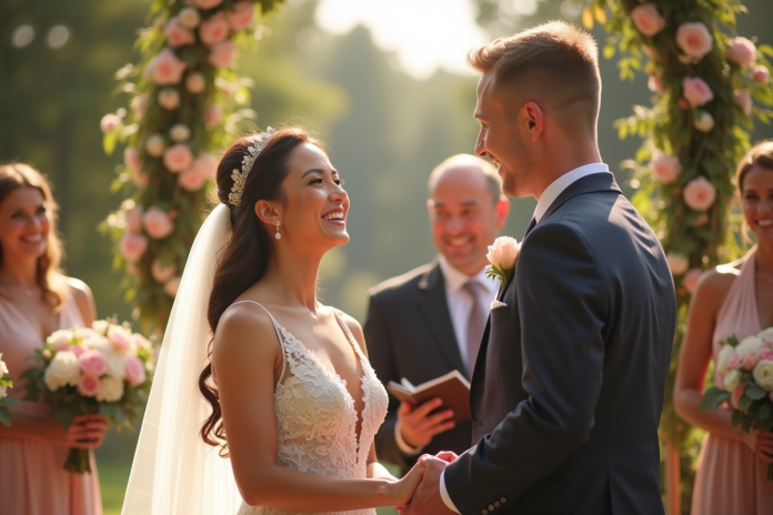 Couple heureux échangeant leurs vœux de mariage en extérieur