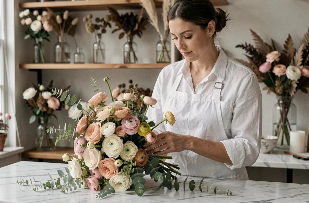 Fleuriste de Mariage de Fleurs à Bordeaux ajustant un bouquet de mariée en roses et renoncules sur marbre