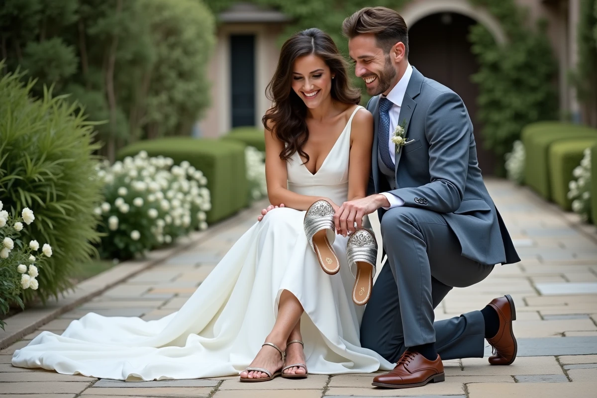 Homme aidant la mariée à choisir ses sandales en extérieur