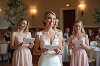 Mariée souriante en robe blanche lors d'un mariage intérieur