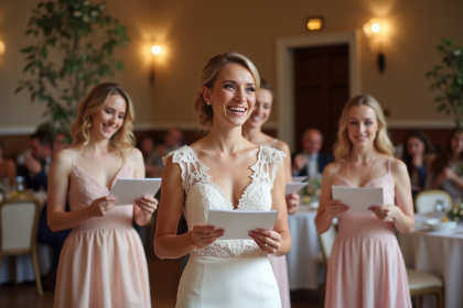 Mariée souriante en robe blanche lors d'un mariage intérieur