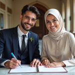 Validez le mariage religieux musulman : tout savoir sur le Nikkah en France Jeune couple musulman souriant lors de leur mariage en mairie