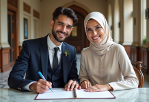 Jeune couple musulman souriant lors de leur mariage en mairie