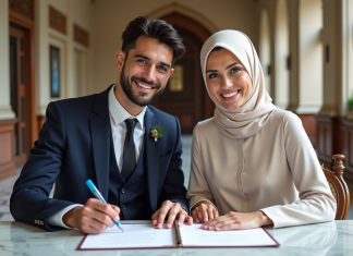 Jeune couple musulman souriant lors de leur mariage en mairie