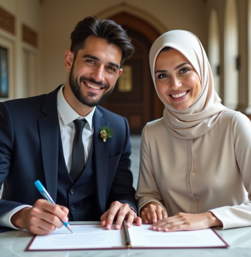 Jeune couple musulman souriant lors de leur mariage en mairie