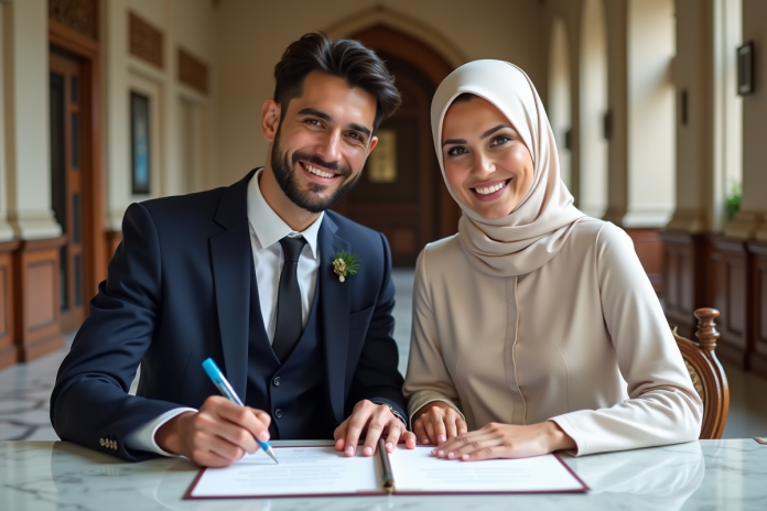 mariage-musulman-couple-ville-hall Jeune couple musulman souriant lors de leur mariage en mairie