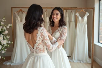 Femme souriante essayant une robe de mari&eacute;e dans une boutique &eacute;l&eacute;gante