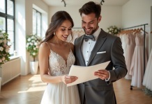 Jeune couple de mariés dans une boutique élégante