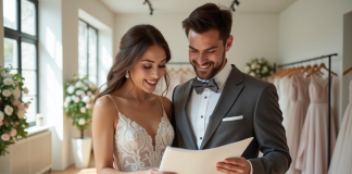 Mariage chic : comment choisir la couleur idéale ? Jeune couple de mariés dans une boutique élégante