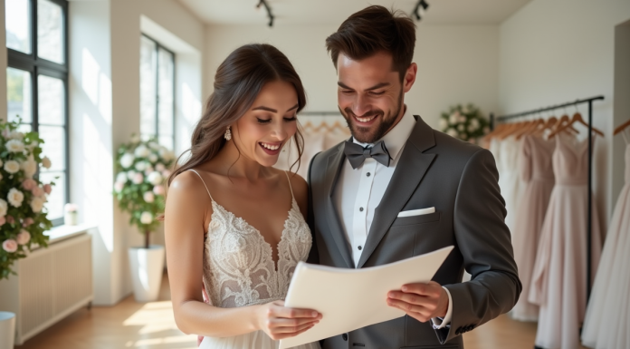 Jeune couple de mariés dans une boutique élégante