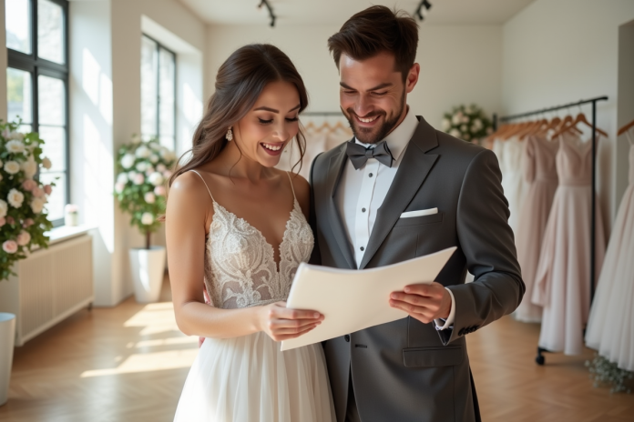 mariage-robe-costume-boutique Jeune couple de mariés dans une boutique élégante