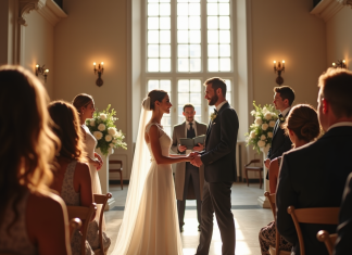 Jeune couple échangeant leurs vœux en mairie en France