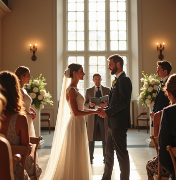 Jeune couple échangeant leurs vœux en mairie en France