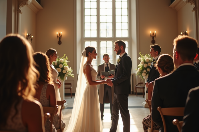 mariageenmairiefrance Jeune couple échangeant leurs vœux en mairie en France