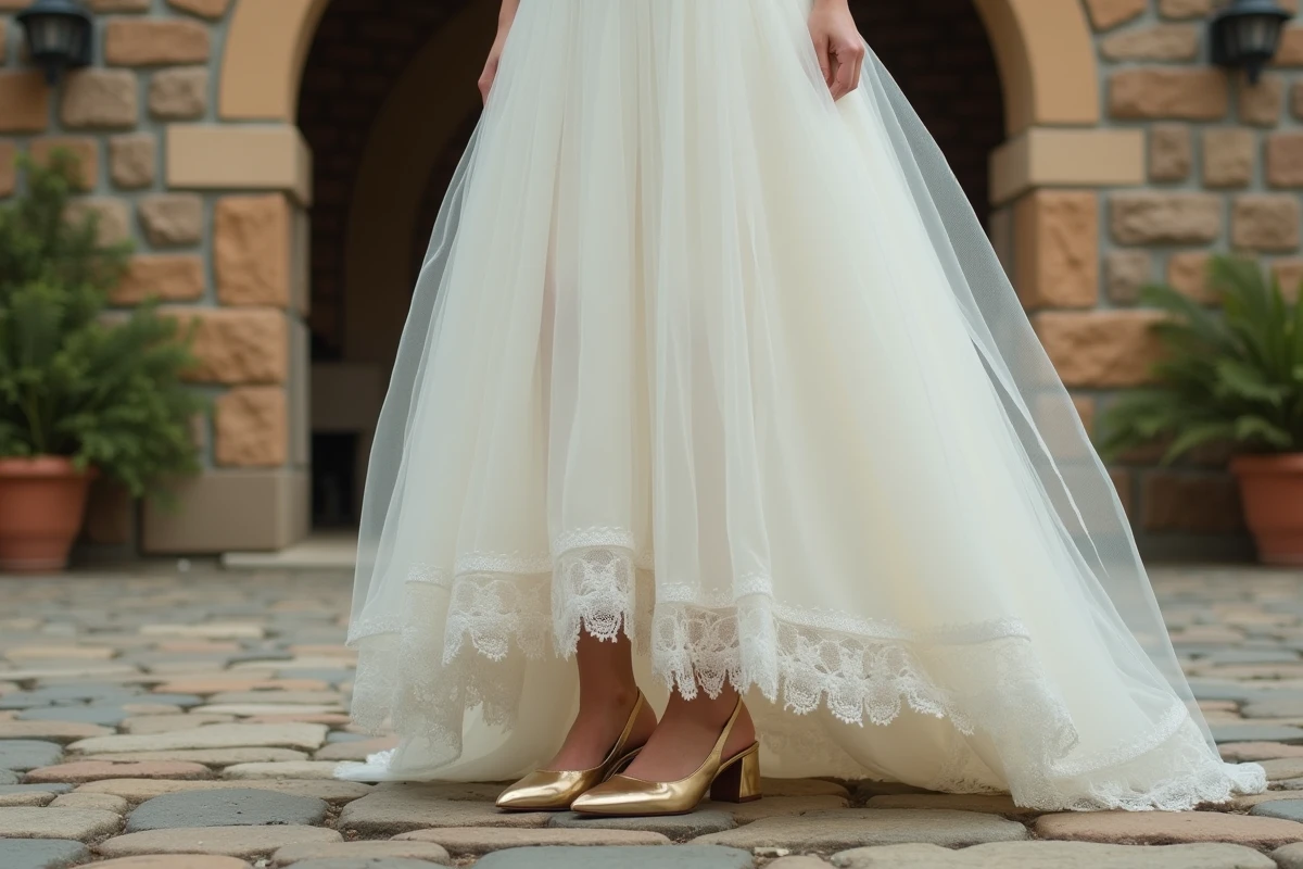 Mariée en robe blanche portant des chaussures dorées mal assorties devant une chapelle rustique, exemple d'erreur de style chaussures mariage