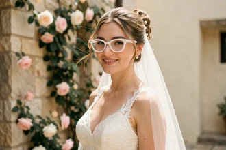 Mariée souriante portant une robe en dentelle ivoire et des lunettes blanches tendance dans une cour en pierre fleurie