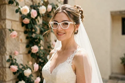 Mariée souriante portant une robe en dentelle ivoire et des lunettes blanches tendance dans une cour en pierre fleurie