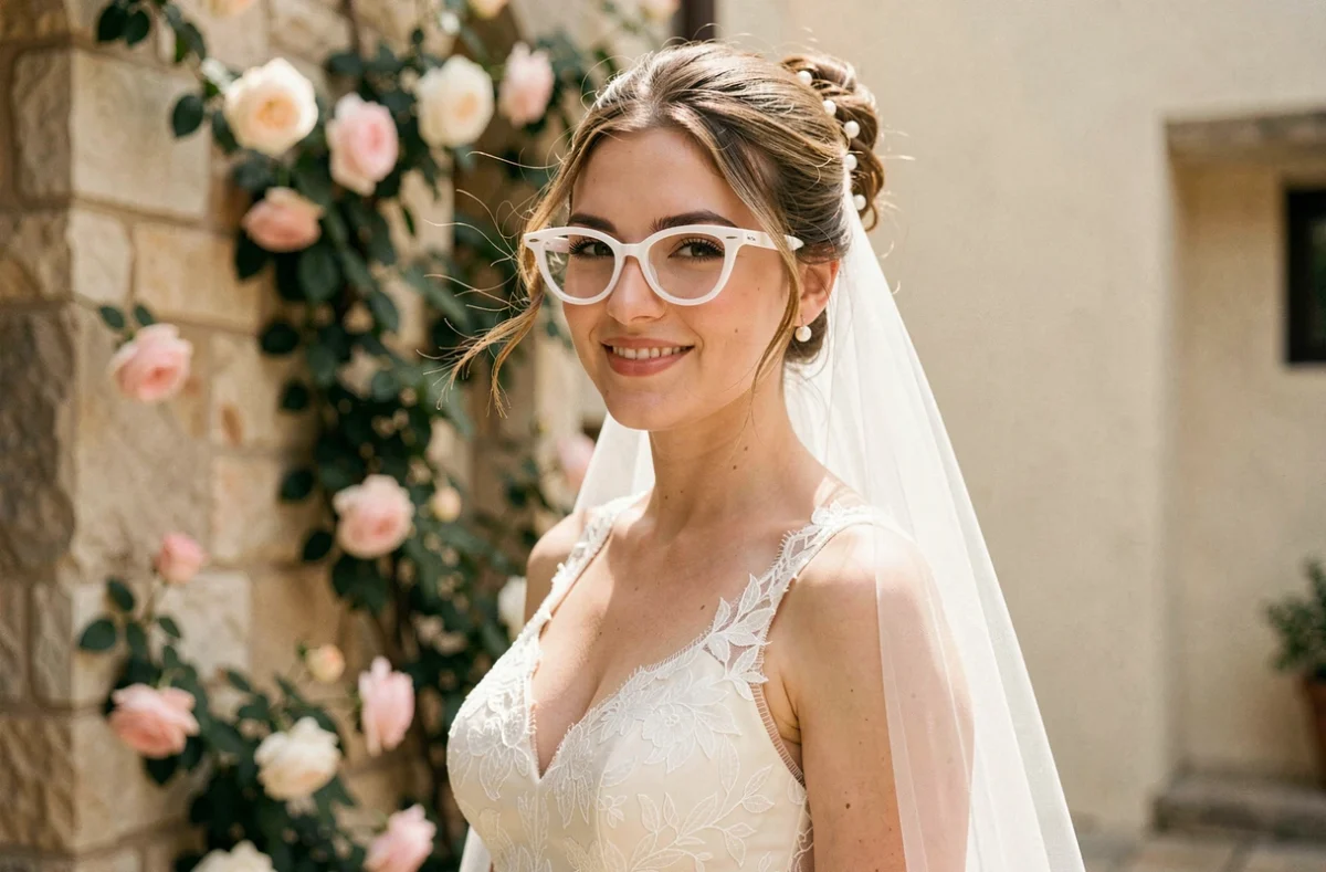 Mariée souriante portant une robe en dentelle ivoire et des lunettes blanches tendance dans une cour en pierre fleurie