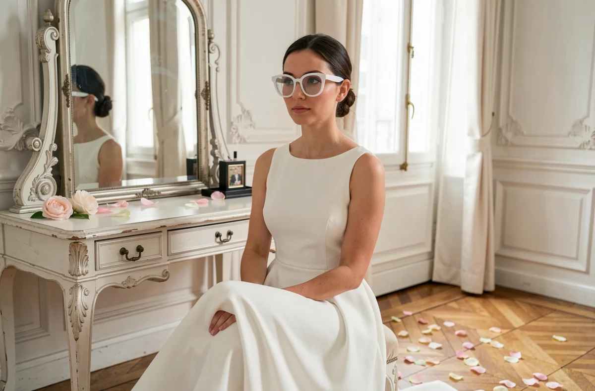 Mariée en robe crêpe blanche avec lunettes rondes blanches devant un miroir vintage dans un appartement haussmannien
