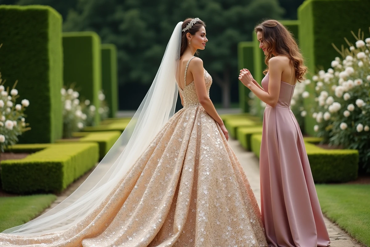 Mariée en robe de bal dorée à paillettes dans un jardin à la française avec sa demoiselle d'honneur