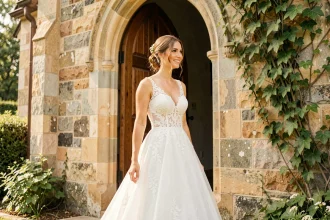 Mariée en robe de dentelle blanche devant une chapelle en pierre, souriant avec élégance lors d'une cérémonie de mariage