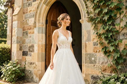 Mariée en robe de dentelle blanche devant une chapelle en pierre, souriant avec élégance lors d'une cérémonie de mariage